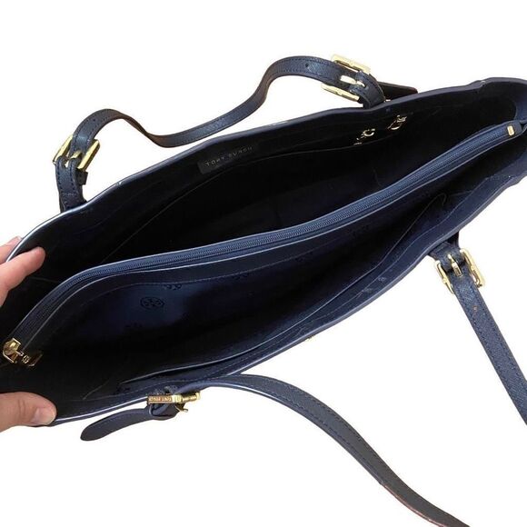 Tory Burch York Buckle Tote Saffiano Leather Navy Blue - Picture 5 of 10